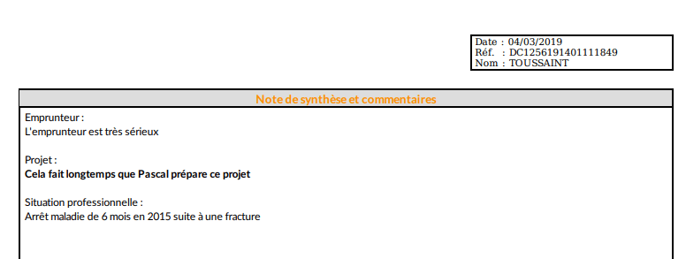 Affichage de la note de synthèse dans le dossier fianl de pret